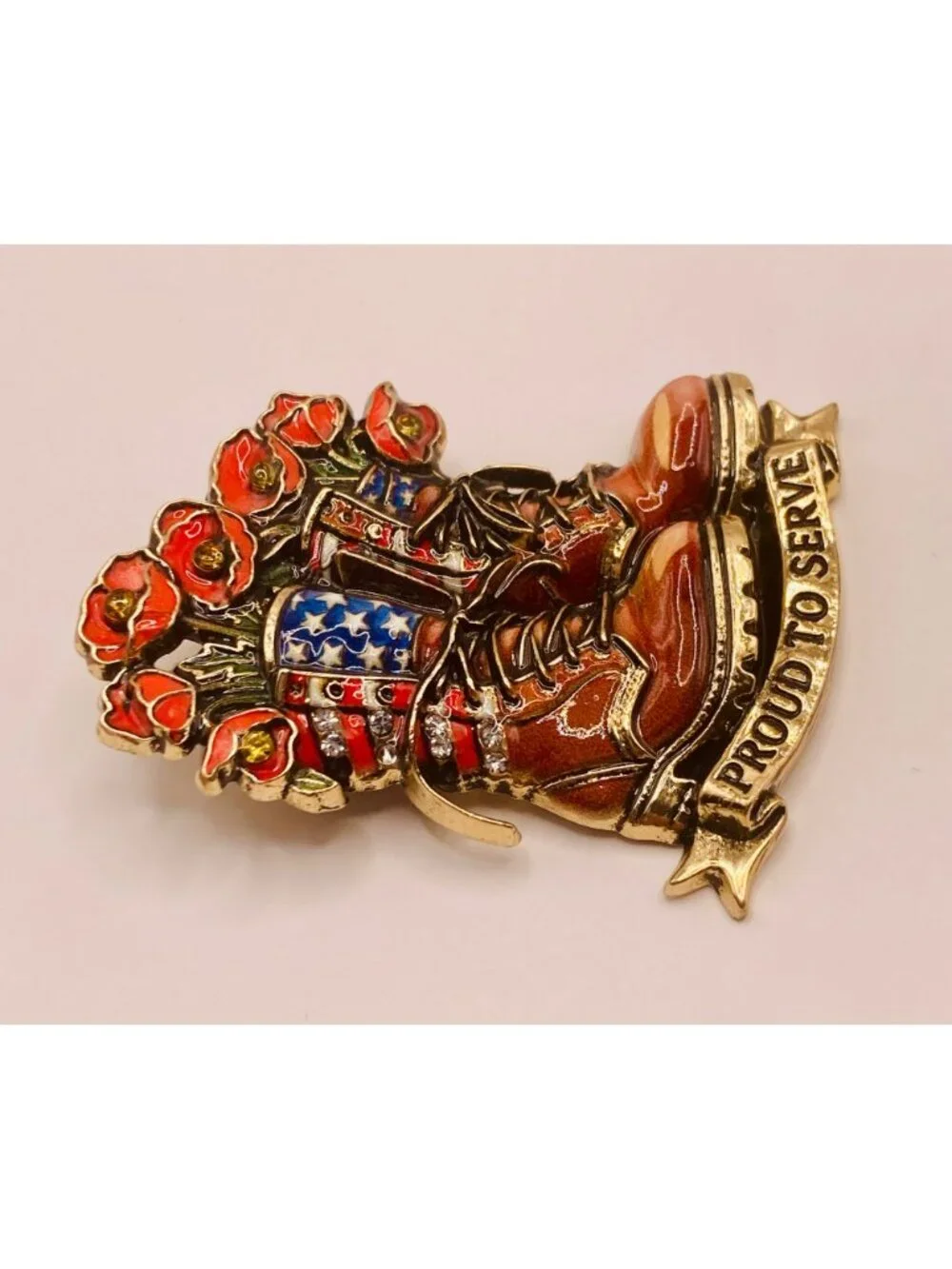 Proud To Serve Military Boots Enamel Brooch Pin Poppies & American Flag -31B